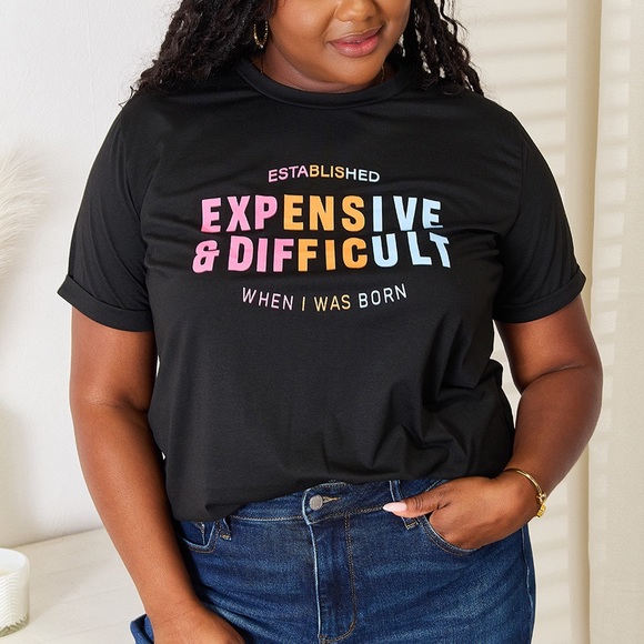 NEW Simply Love Black Expensive and Difficult Graphic Tee T-Shirt - Picture 1 of 9